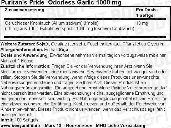 Knoblauch (geruchlos) 1000mg Nutritional Information 1