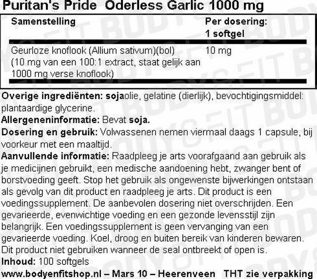 Odorless Garlic 1000mg Nutritional Information 1