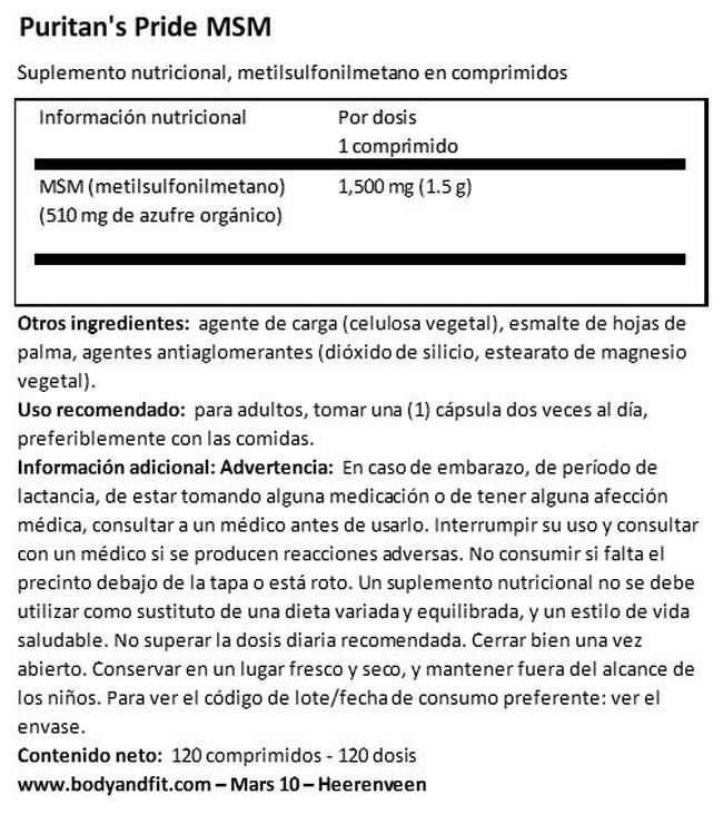 MSM 1500 mg Nutritional Information 1