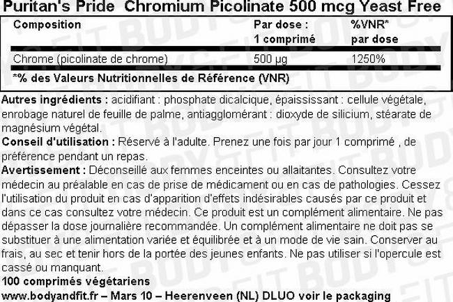 Chromium Picolinate 500 mcg Yeast Free Nutritional Information 1