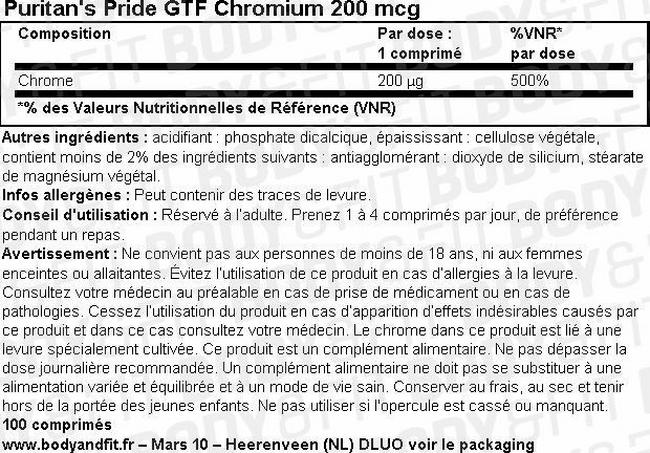 GTF Chromium 200mcg Nutritional Information 1