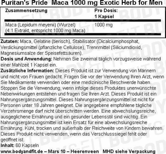 Maca 1000 mg Exotic Herb for Men Nutritional Information 1