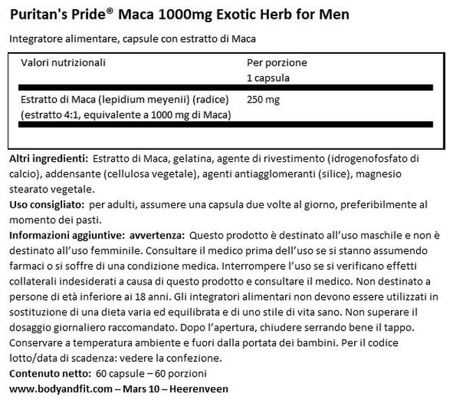 Maca 1000 mg Exotic Herb for Men Nutritional Information 1