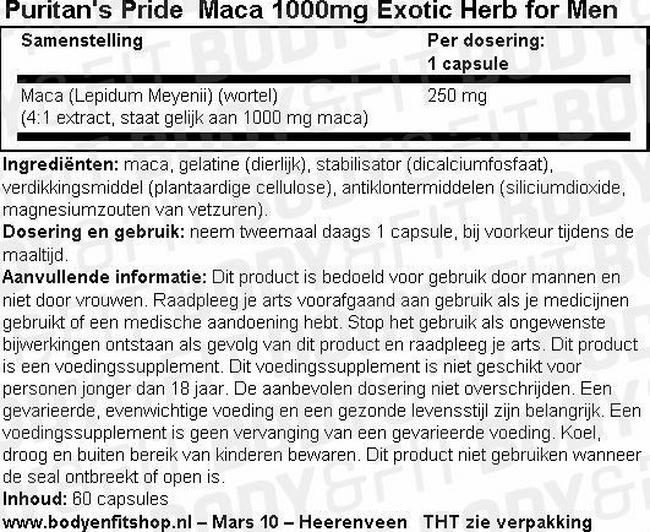 Maca 1000mg Exotic Herb for Men Nutritional Information 1