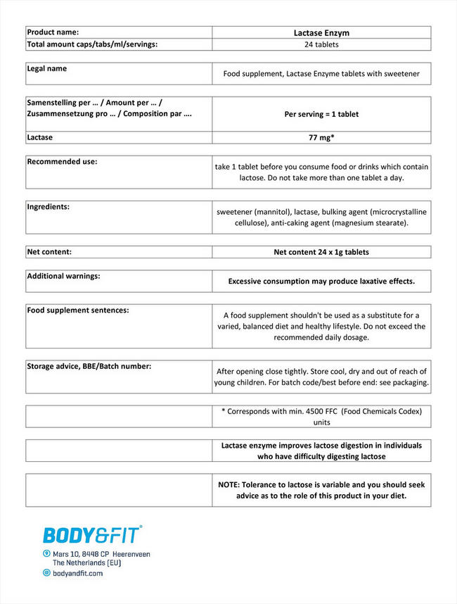 Lactase Enzyme Nutritional Information 1