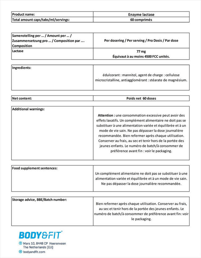 Comprimés Lactase Enzyme Nutritional Information 1