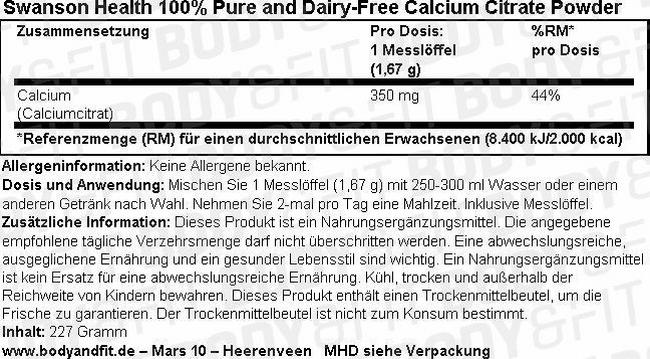 100% Pure and Dairy-Free Calcium Citrate Powder Nutritional Information 1