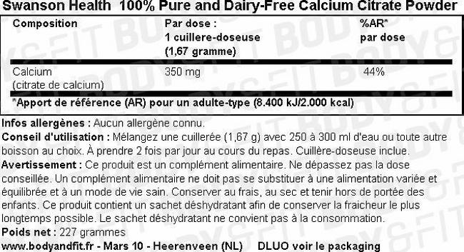 100% Citrate de calcium pur et sans produits laitiers Nutritional Information 1