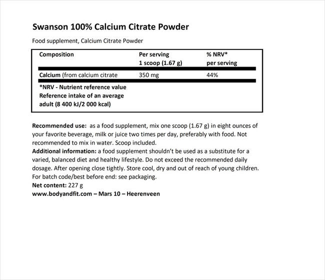 100％ピュア＆デイリーフリー カルシウムシトレートパウダー Nutritional Information 1