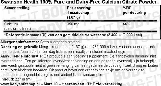 100% Pure and Dairy-Free Calcium Citrate Powder Nutritional Information 1
