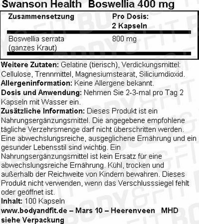 Boswellia 400 mg Nutritional Information 1