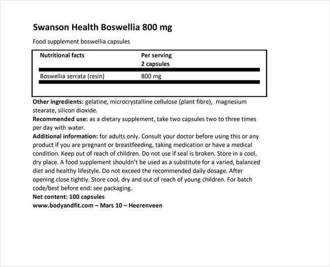 Boswellia 400mg Nutritional Information 1