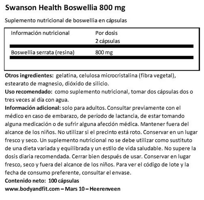 Boswellia 400 mg Nutritional Information 1