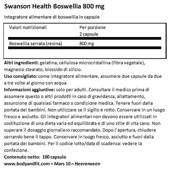 Boswellia 400 mg Nutritional Information 1