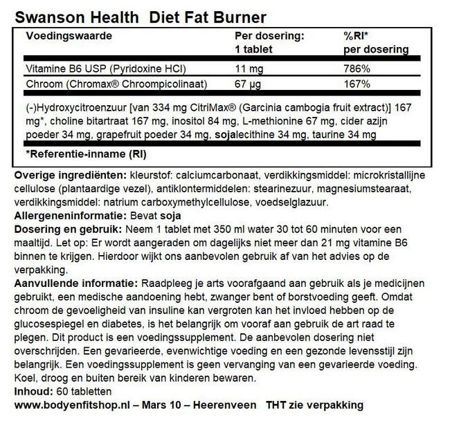 Diet Fat Burner Nutritional Information 1