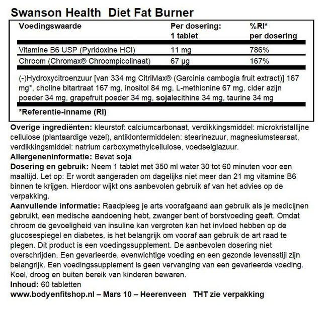 Diet Fat Burner Nutritional Information 1