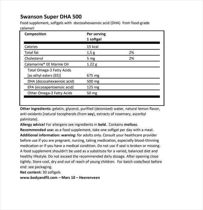 EFA Super DHA 500 from Calamari Nutritional Information 1