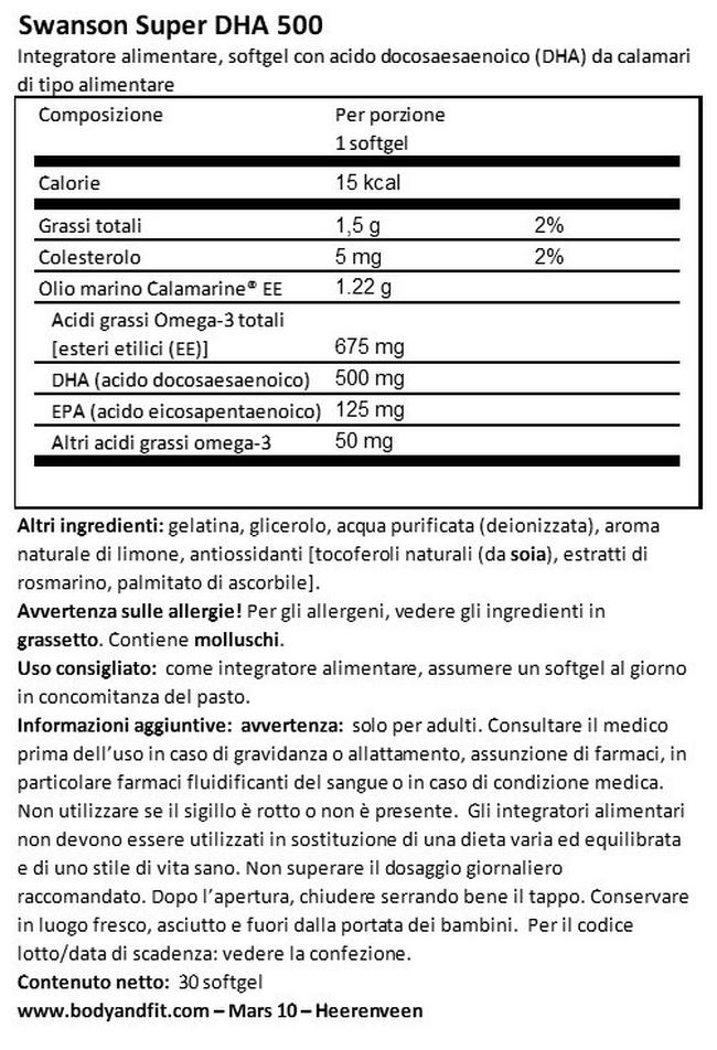 EFA Super DHA 500 da Calamari Nutritional Information 1