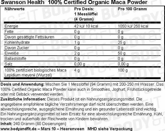 100% Certified Organic Maca Powder Nutritional Information 1