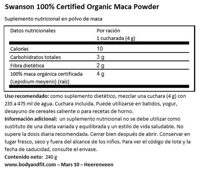 100% Certified Organic Maca Powder Nutritional Information 1