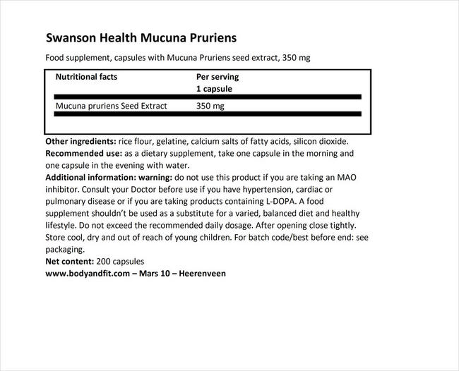 Super Herbs Mucuna Pruriens Nutritional Information 1