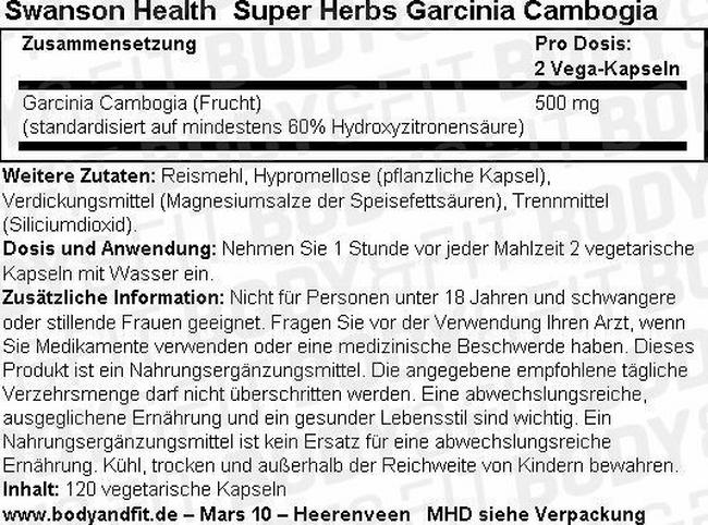 Super Herbs Garcinia Cambogia Nutritional Information 1