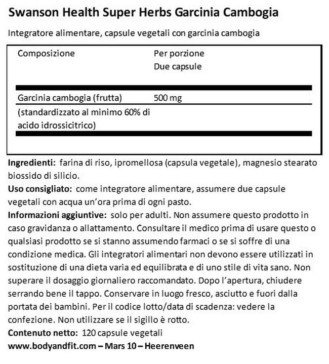 Super Herbs Garcinia Cambogia Nutritional Information 1