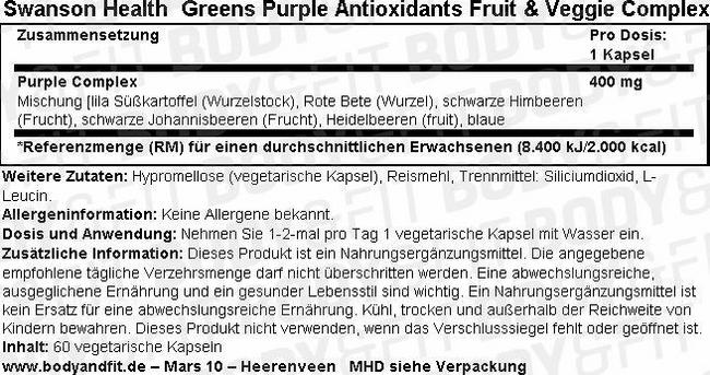 Greens Purple Antioxidants Fruit & Veggie Complex Nutritional Information 1