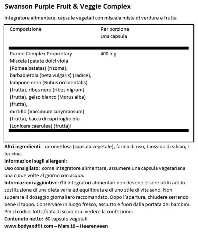 Greens Purple Antioxidants Fruit & Veggie Complex Nutritional Information 1