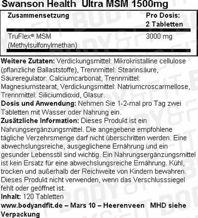 Ultra MSM 1500 mg Nutritional Information 1