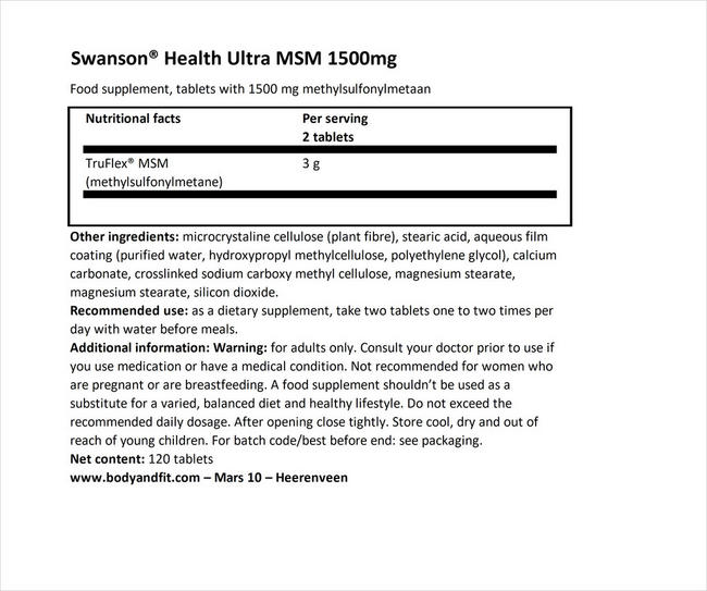 Ultra MSM 1500mg Nutritional Information 1