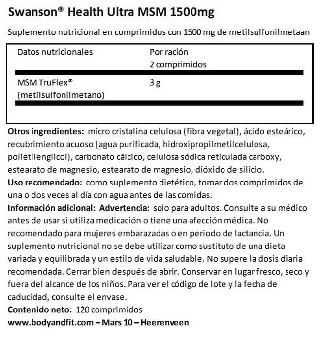 Ultra MSM 1500 mg Nutritional Information 1