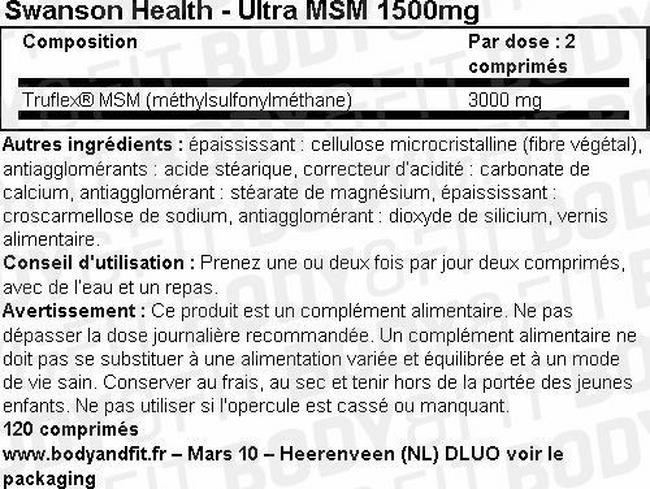 Ultra MSM 1500mg Nutritional Information 1
