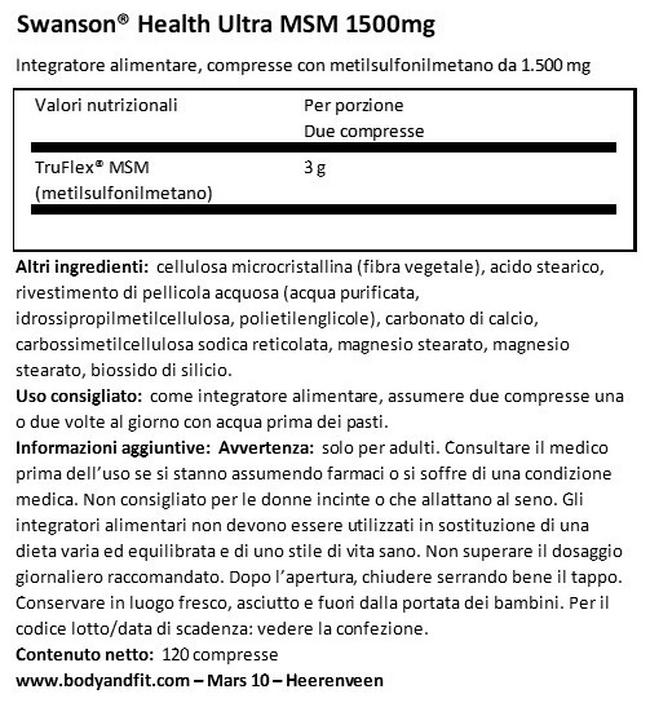 Ultra MSM 1500 mg Nutritional Information 1