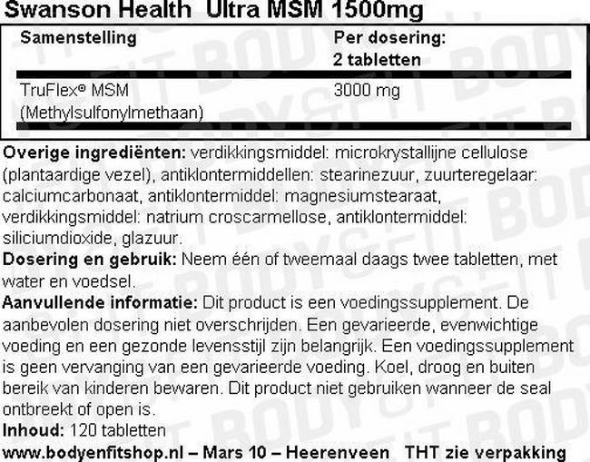 Ultra MSM 1500mg Nutritional Information 1