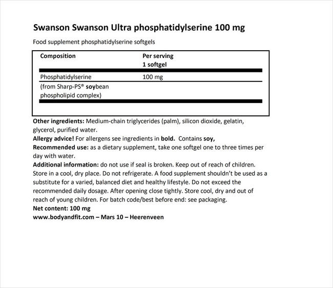 Ultra Phosphatidylserine 100mg Nutritional Information 1