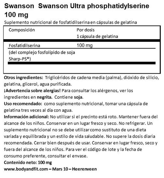 Ultra Phosphatidylserine 100 mg Nutritional Information 1