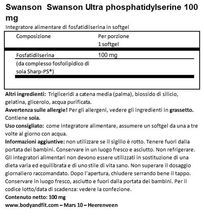 Ultra Fosfatidilserina 100 mg Nutritional Information 1