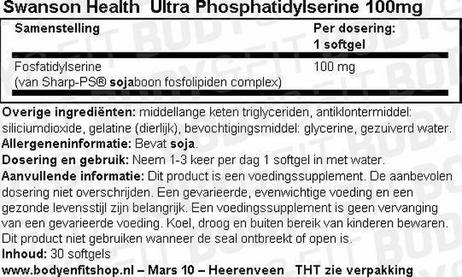 Ultra Phosphatidylserine 100mg Nutritional Information 1