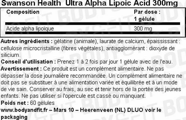 Acide alpha-lipoïque Ultra Alpha Lipoic Acid 300 mg Nutritional Information 1