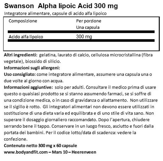 Ultra Acido Alpha Lipoico 300 mg Nutritional Information 1