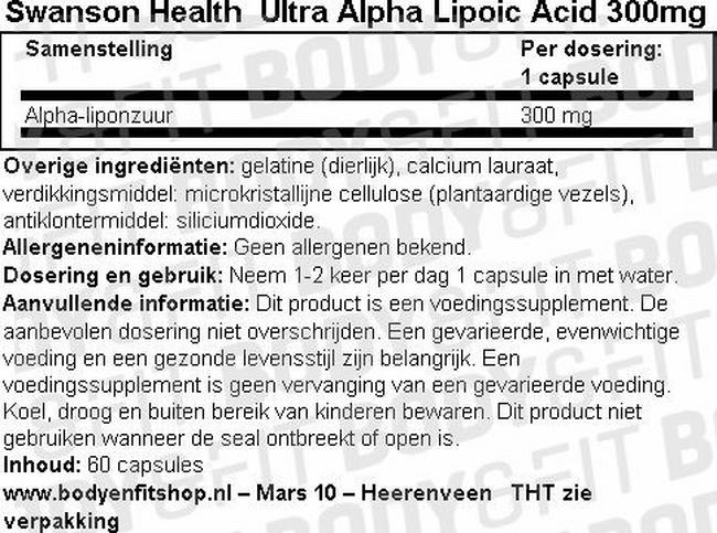 Ultra Alpha Lipoic Acid 300mg Nutritional Information 1
