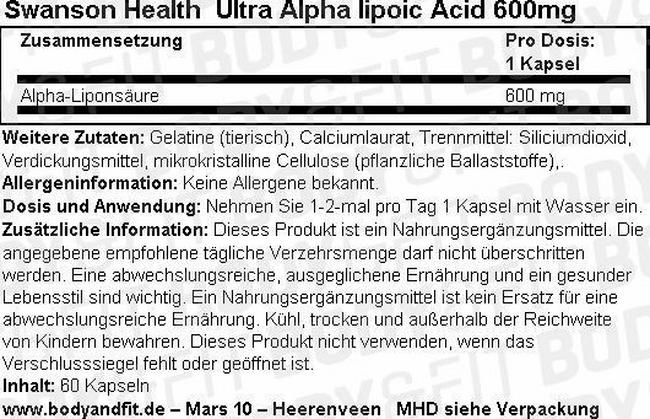 Ultra Alpha Lipoic Acid 600 mg Nutritional Information 1