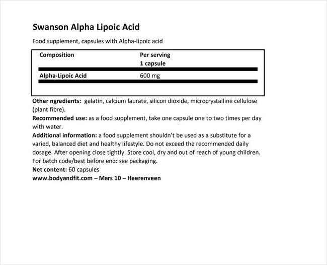 Ultra Alpha Lipoic Acid 600mg Nutritional Information 1