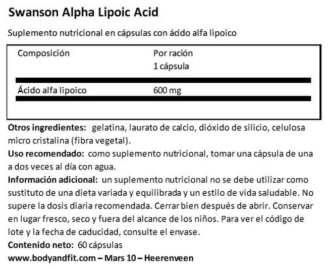 Ultra Alpha Lipoic Acid 600 mg Nutritional Information 1