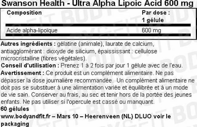 Concentré Ultra Alpha Lipoic Acid 600 mg Nutritional Information 1