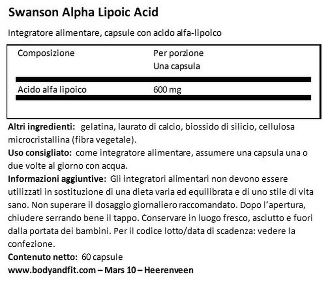 Ultra Acido Alpha Lipoico 600 mg Nutritional Information 1