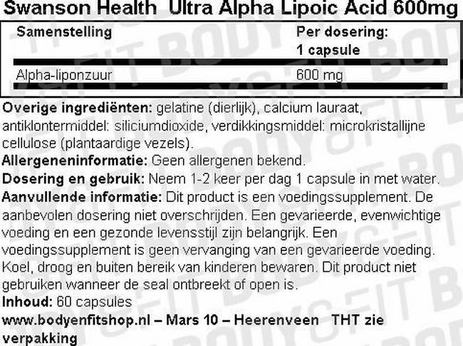Ultra Alpha Lipoic Acid 600mg Nutritional Information 1