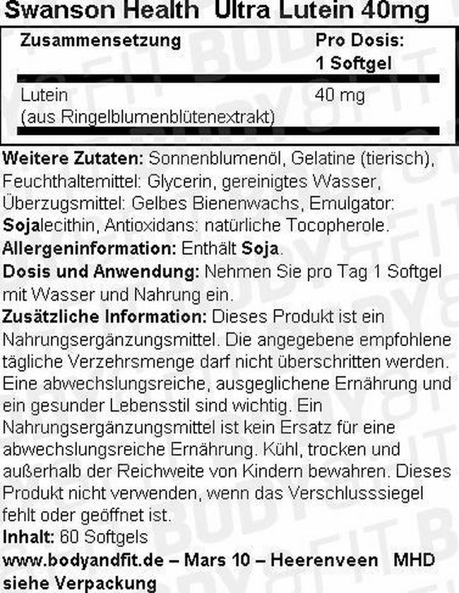 Ultra Lutein 40 mg Nutritional Information 1