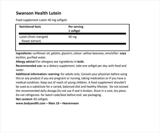 Ultra Lutein 40mg Nutritional Information 1